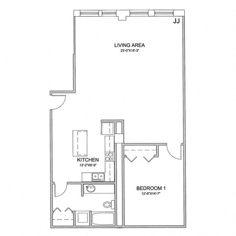 a floor plan of a 1 bedroom floor plan with a bathroom and a closet