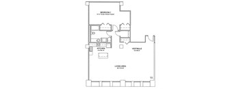 a floor plan of a house with a bedroom and a living area and a kitchen