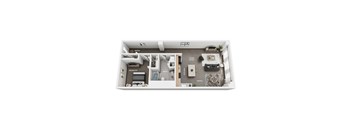 A floor plan of a small apartment with a bedroom, bathroom, living room, kitchen, and dining area.