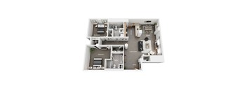 A floor plan of a small apartment with two bedrooms, a living room, a dining room, a kitchen, a bathroom, and a walk-in closet.