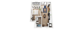 A floor plan of an apartment with a balcony, bedroom, living room, kitchen,  and bathroom.