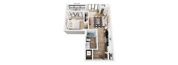 A floor plan of an apartment with a balcony, living room, kitchen, bath, and bedroom.