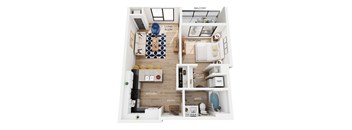 A floor plan of an apartment with a living room, kitchen, bathroom, and bedroom.