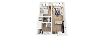 A floor plan of an apartment with a bedroom, living room, kitchen, and bathroom.