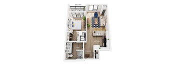 A floorplan of an apartment with a living room, kitchen, bathroom, bedroom, and laundry.
