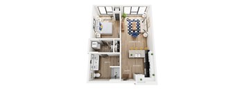 A floorplan of an apartment with a bedroom, living room, kitchen, laundry, and bathroom.