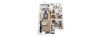 A floor plan of an apartment with a kitchen, living room, bedroom, balcony, laundry, and bathroom.