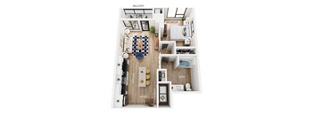 A floor plan of an apartment with a balcony, living room, kitchen, bathroom, bedroom, laundry, and closet.