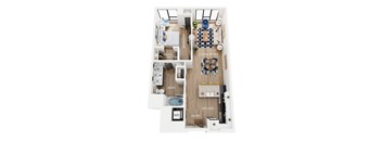A floor plan of an apartment with a bedroom, living room, kitchen, bathroom, bedroom, and laundry