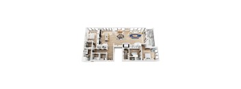 A floor plan of a penthouse with two bedrooms, a balcony, a half bath, kitchen, dining area, living room, walk in closets, and two bathrooms