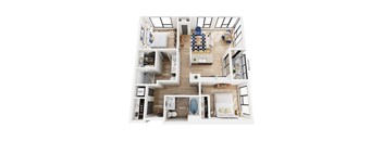 A floor plan of an apartment with a living room, kitchen, laundry, two bathrooms, and 2 bedrooms.