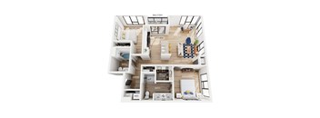 A floor plan of an apartment with a balcony, kitchen, living room, laundry, two bedrooms, and two bathrooms