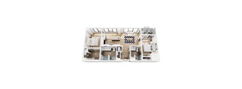 A floorplan of an apartment with a kitchen living room, laundry, two bedrooms, and two bathrooms