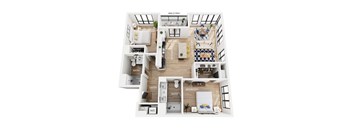 A floor plan of an apartment with a balcony, two bedrooms, kitchen, dining area, living room, laundry, and two bathrooms