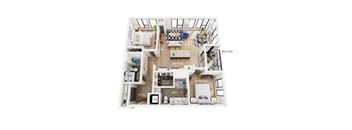 A floor plan of an apartment with a living room, kitchen, dining area, laundry, two bedrooms, and two bathrooms