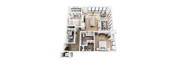 A floor plan of an apartment with a balcony, living room, kitchen, dining area, laundry, two bathrooms, and two bedrooms.