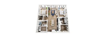 A floor plan of an apartment with a living room, kitchen, laundry room, two bathrooms, and two bedrooms.