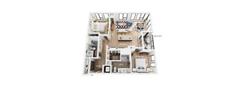 A floorplan of an apartment with a balcony, kitchen, dining area, laundry, two bedrooms, and two bathrooms.