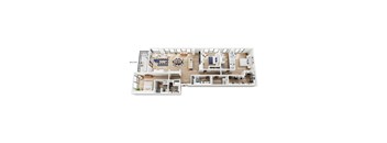 A floor plan of a penthouse with a kitchen, dining area, living room, laundry room, three bedrooms, three bathrooms, and a balcony.