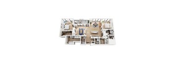 A floor plan of a penthouse with a balcony, kitchen, dining area, living room, half bath, two bedrooms, and two bathrooms