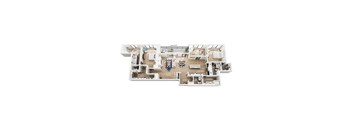 A floor plan of a penthouse with a living room, dining room, kitchen, laundry room, den, half bath, two bedrooms, and two bathrooms