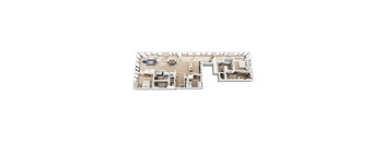 A floor plan of a penthouse with a kitchen, dining area, living room, half bath, laundry room, two bedrooms, and two bathrooms