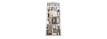 A studio apartment layout with a kitchen, living space and bathroom.