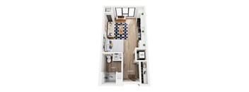 A floor plan of a studio apartment with a living space, kitchen, bathroom, and laundry room.