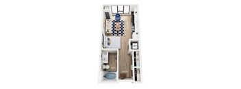A floor plan of a studio apartment with a living space, kitchen, bathroom, and laundry room