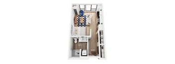 A floorplan of a studio apartment with a kitchen, living space, and bathroom.