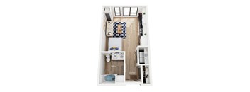 A floor plan of a studio apartment with a bathroom, kitchen, and living space.