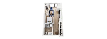 A floor plan of a studio apartment with a living space, kitchen, and bathroom