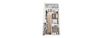 A floorplan of a studio apartment with a balcony, kitchen, living space, laundry, bathroom, and entry.