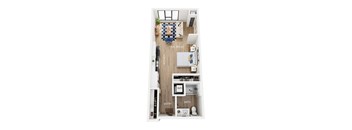 A floor plan of a studio apartment with a living space, kitchen, bathroom, and entry.