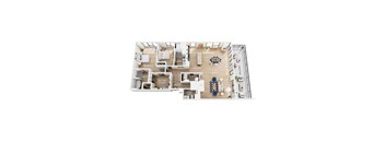 A floor plan of a penthouse with a kitchen, dining area, living room, laundry room, half bath, two bedrooms, two bathrooms, and a balcony.