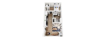 A floor plan of a studio apartment with a bedroom, bathroom, kitchen, living room, and entry.