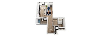 A floor plan of an apartment with a living room, kitchen, bathroom, bedroom, entry, and closet.