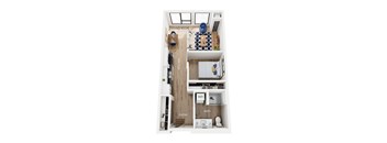 A floorplan of an apartment with a living room, kitchen, bedroom, and bathroom.