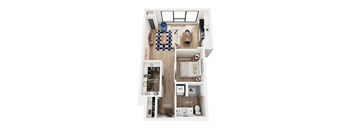 A floor plan of an apartment with a living room, kitchen, bedroom, bathroom, and entry.