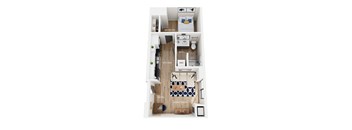 A floor plan of a studio apartment with a bedroom, bathroom, kitchen, and living room.