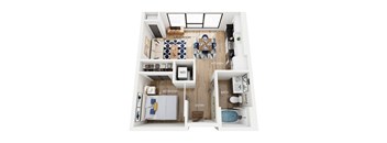 A floor plan of a studio apartment with a bedroom, kitchen, and bathroom.