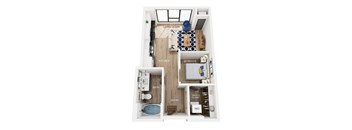 A floorplan of an apartment with a living room, kitchen, bathroom, entry, and bedroom.