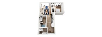 A floor plan of an apartment with a living room, kitchen, bathroom, and bedroom.