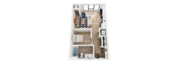 A floorplan of an apartment with a living room, kitchen, bedroom, bathroom, and entry.