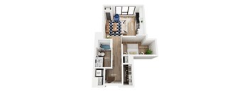 A floorplan of an apartment with a living room, kitchen, bathroom, and bedroom