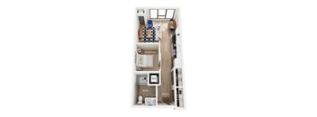 A floorplan of an apartment with a living room, kitchen, bedroom, bathroom, and entry.