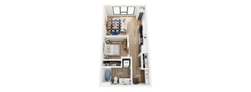 A floorplan of an apartment with a living room, kitchen, and bathroom.