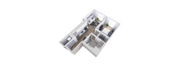 A 3D image of an apartment layout with a living room, kitchen, dining room, and bedrooms.