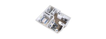 A 3D floor plan of an apartment with a kitchen, living room, and two bedrooms.