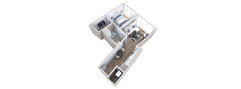 A 3D floor plan of an apartment with a bedroom, living room, and kitchen.